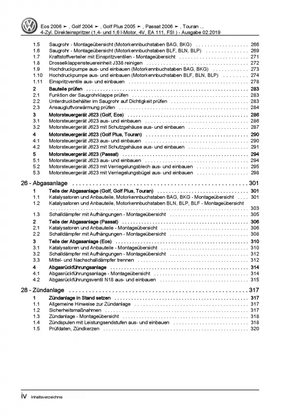VW Touran 1T 2003-2015 1,4l 1,6l Benzinmotor 90-115 PS Reparaturanleitung PDF