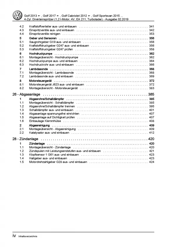 VW Touran 5T ab 2015 4-Zyl. 1,2l Benzinmotor 85-110 PS Reparaturanleitung PDF