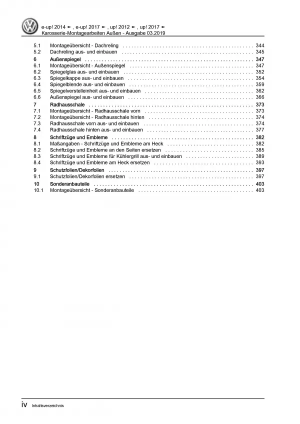 VW e-Up! BL1 2013-2016 Karosserie Montagearbeiten Außen Reparaturanleitung PDF