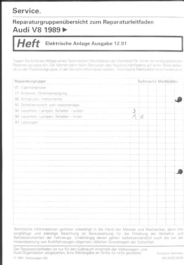 Audi V8 4C 1988-1994 Elektrische Anlage Elektrik Systeme Reparaturanleitung PDF