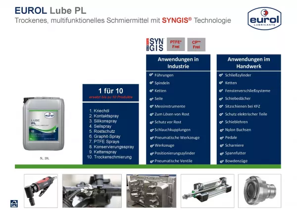 Eurol Lube PL - 1 für 10 (ersetzt bis zu 10 Produkte). Anwendungen in Handwerk und Industrie.