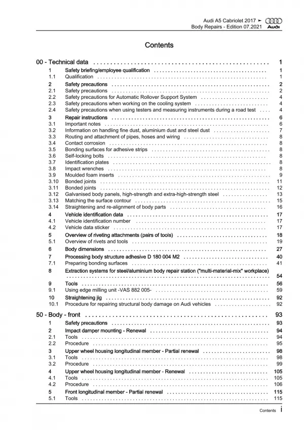 Audi A5 Cabriolet type F5 2016-2019 body repairs workshop manual eBook pdf
