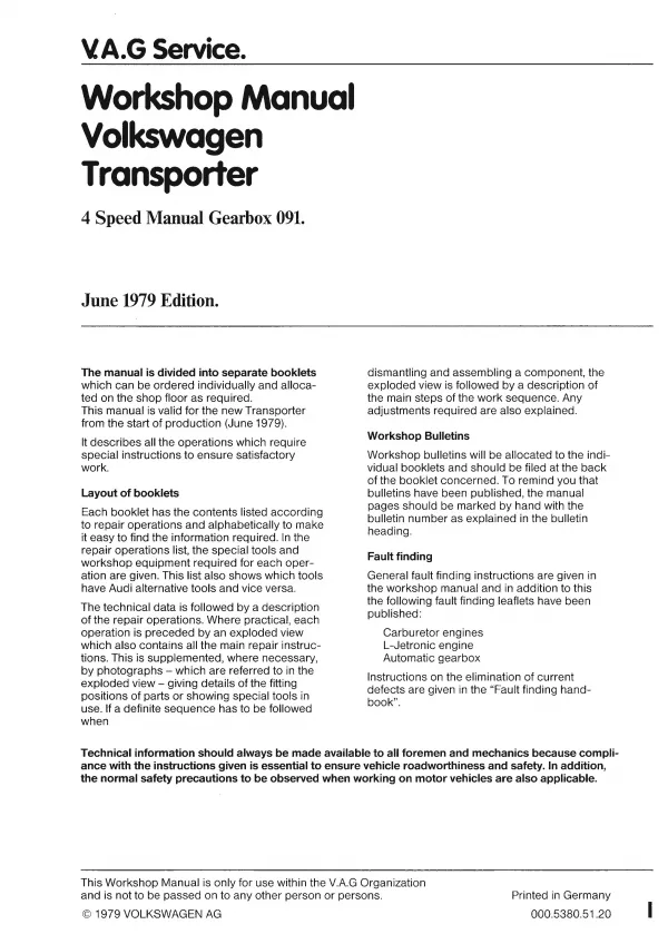 VW Transporter T3 1979-1992 4 speed manual gearbox 091 repair workshop pdf eBook