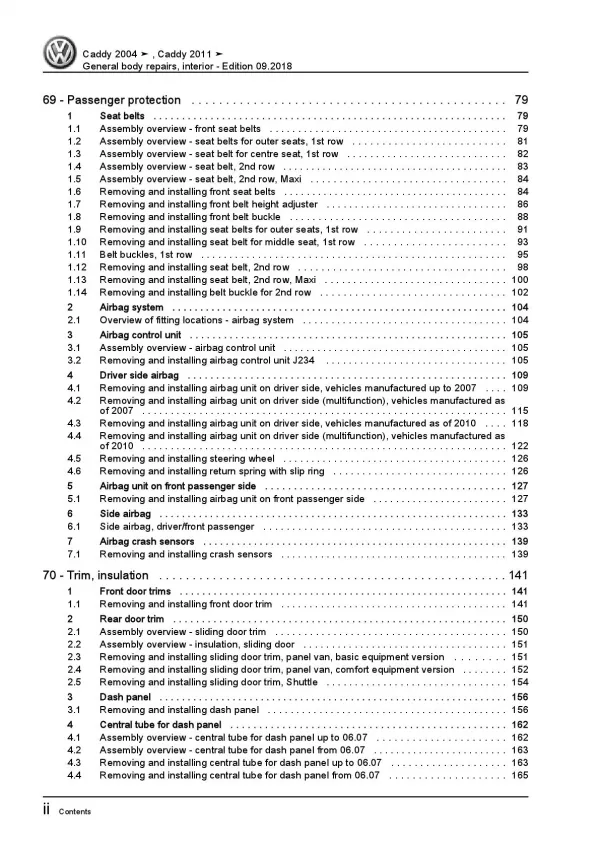 VW Caddy 2C 2010-2015 general body repairs interior repair workshop manual pdf