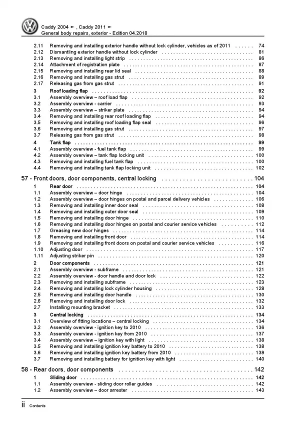 VW Caddy 2C 2010-2015 general body repairs exterior repair workshop manual pdf
