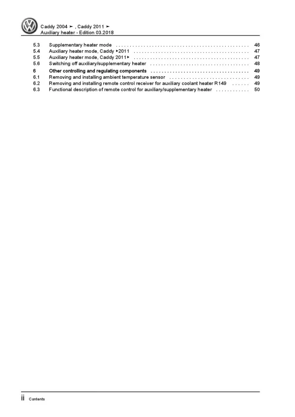 VW Caddy type 2C 2010-2015 auxiliary heater repair workshop manual pdf