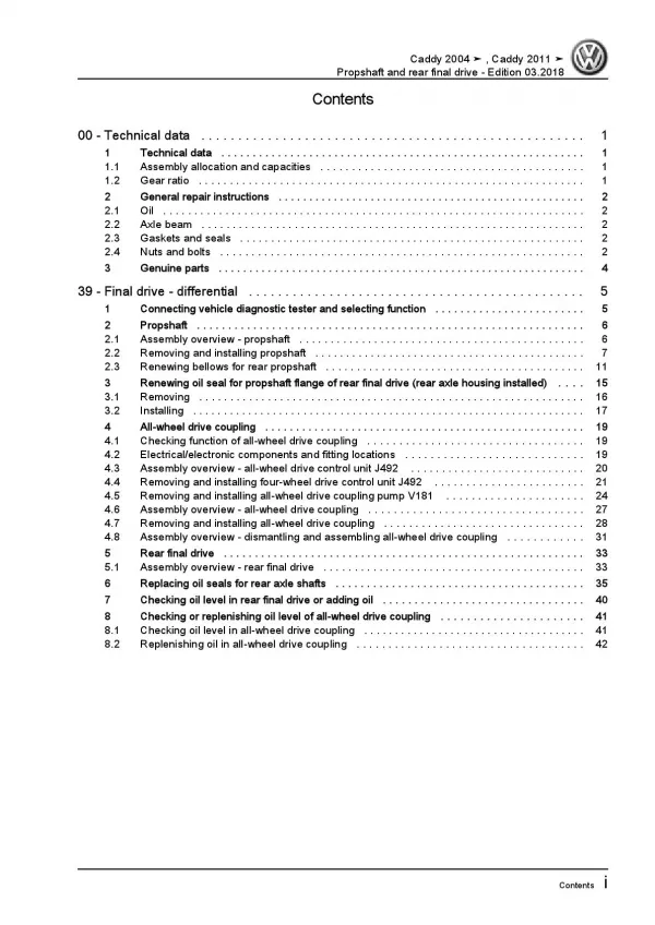 VW Caddy 2C 2010-2015 propshaft and rear final drive repair workshop manual pdf