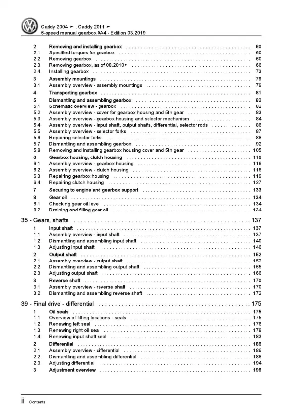 VW Caddy 2C 2010-2015 5 speed manual gearbox 0A4 repair workshop manual pdf
