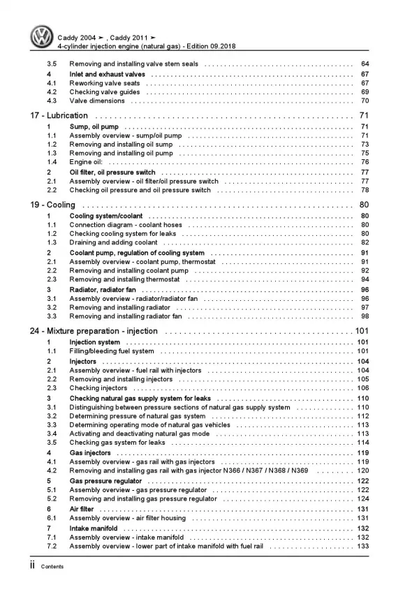 VW Caddy 2C 2010-2015 4-cyl. natural gas petrol engines 109 hp repair manual pdf