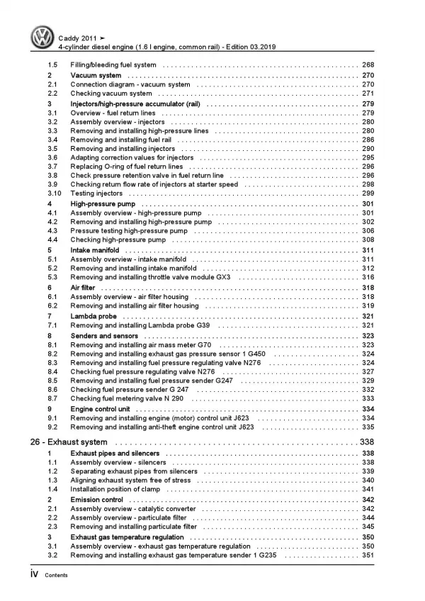 VW Caddy type 2C 2010-2015 4-cyl. diesel engines 1.6l repair workshop manual pdf