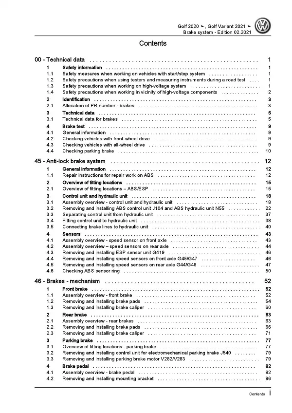 VW Golf 8 Variant type CG from 2020 brake systems repair workshop manual pdf