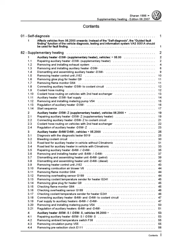 VW Sharan type 7M 1995-2010 supplementary heater repair workshop manual pdf