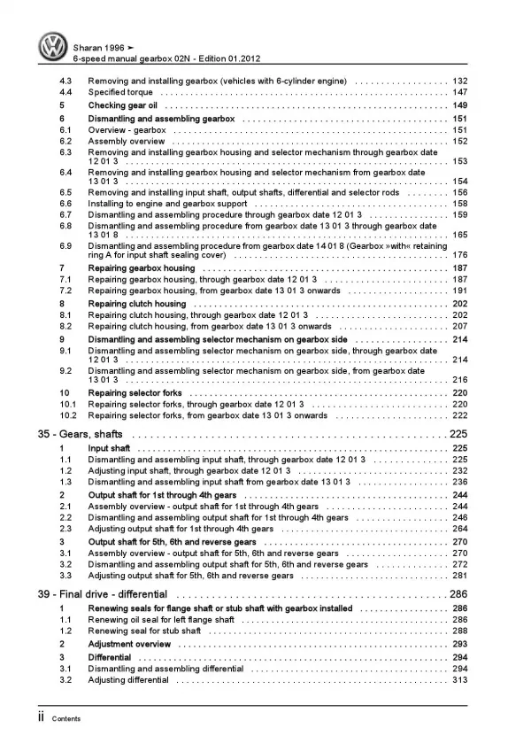 VW Sharan type 7M (95-10) 6 speed manual gearbox 02N repair workshop manual pdf