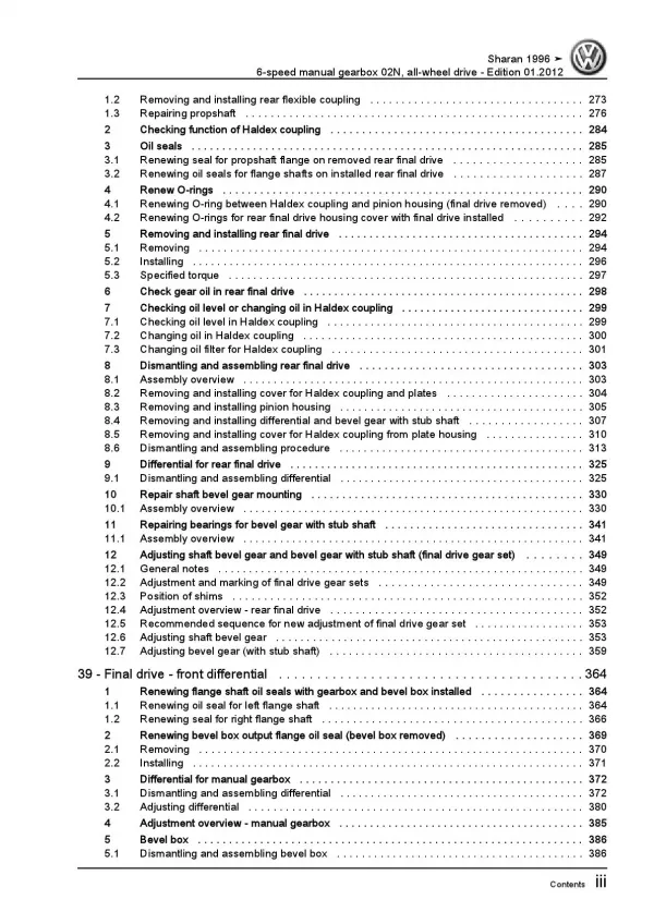VW Sharan 7M (95-10) 6 speed manual gearbox 02N AWD repair workshop manual pdf