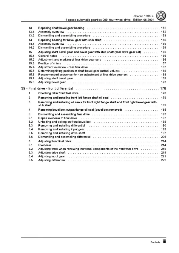 VW Sharan 7M 95-10 4 speed automatic gearbox 099 AWD repair workshop manual pdf
