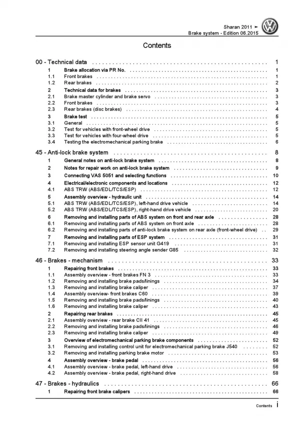 VW Sharan type 7N 2010-2015 brake systems repair workshop manual pdf ebook