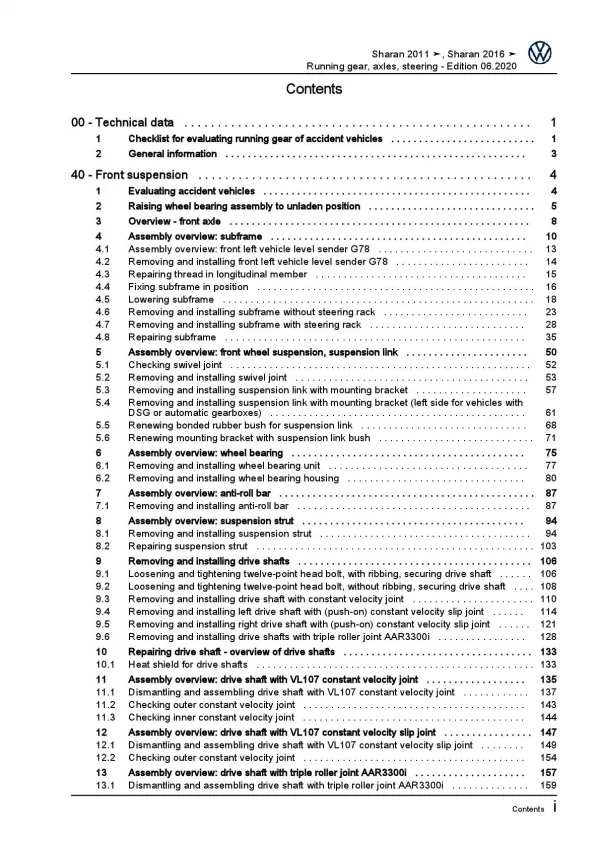 VW Sharan type 7N (10-22) running gear axles steering repair workshop manual pdf