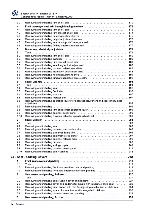 VW Sharan 7N 2010-2022 general body repairs interior repair workshop manual pdf