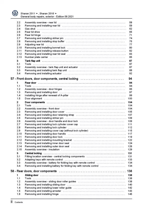 VW Sharan 7N 2010-2022 general body repairs exterior repair workshop manual pdf