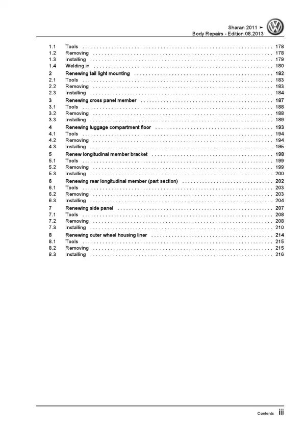 VW Sharan type 7N 2010-2015 body repairs workshop repair manual pdf ebook file