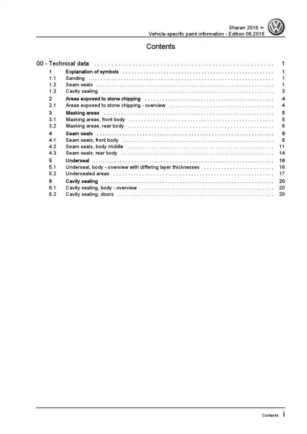 VW Sharan type 7N 2010-2015 paint information repair workshop manual pdf ebook