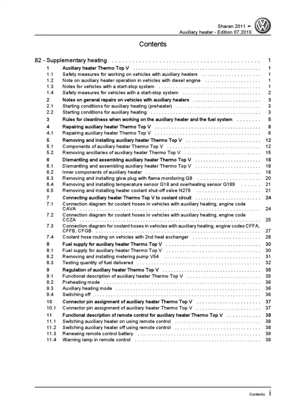 VW Sharan type 7N 2010-2015 auxiliary heater repair workshop manual pdf ebook