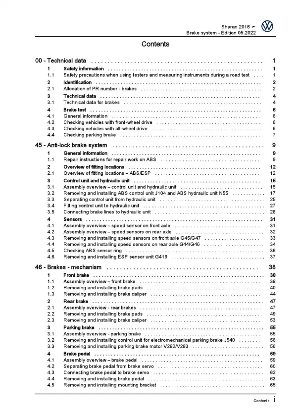VW Sharan type 7N 2015-2022 brake systems repair workshop manual pdf ebook