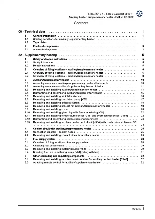 VW T-Roc Cabrio type AC 2020-2022 auxiliary heater repair workshop manual pdf