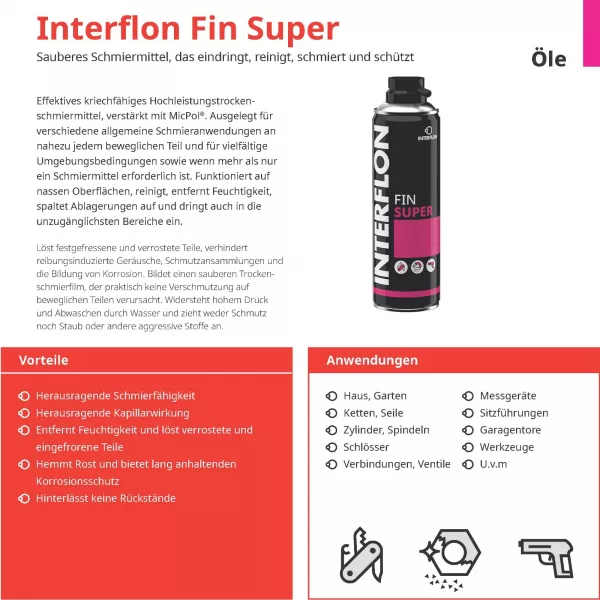Interflon Fin Super ist ein sauberes Schmiermittel, das eindringt, reinigt, schmiert und schützt. Unzählige Vorteile für zahlreiche Anwendungsbereiche.