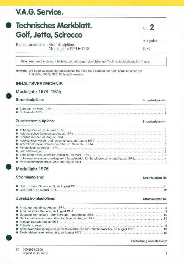 VW Golf 1 17 1974-1978 Schaltplan Stromlaufplan Verkabelung Elektrik Pläne PDF