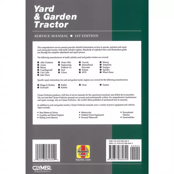 Yard & Garden Tractor Service Manual 1st Edition Mehrzylinder Modelle Clymer